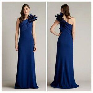 Tadashi Shoji Korra Navy Blue Floral Applique One-Shoulder Gown
